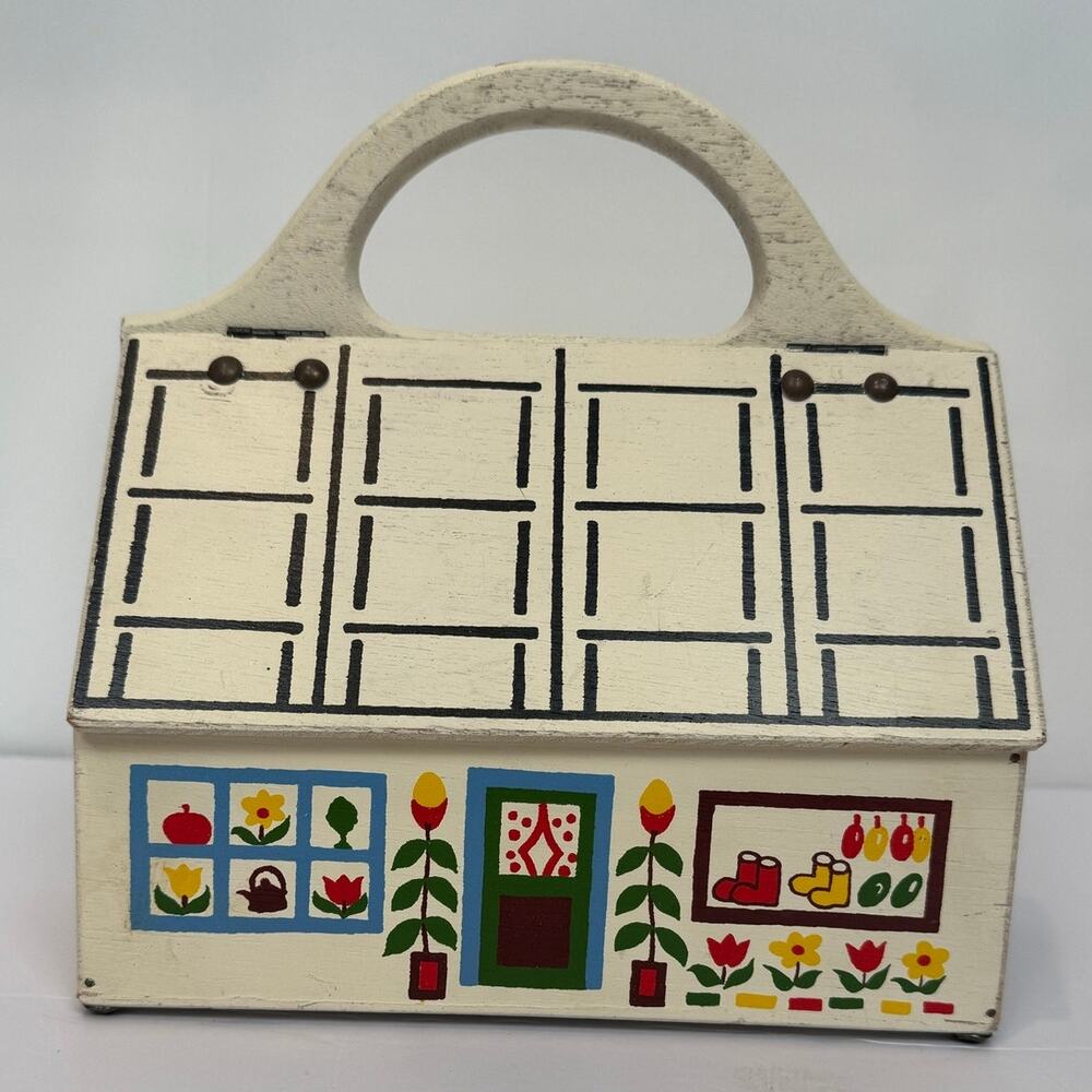 Gary Gail Dallas Vintage Wooden House Box Purse Hand Painted Japan 1960s